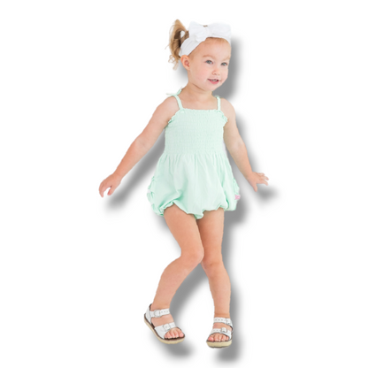 Coming Soon | RuffleButts | Mint Smocked Tie Knit Bubble Romper - Pink & Blue Kidz Clothing