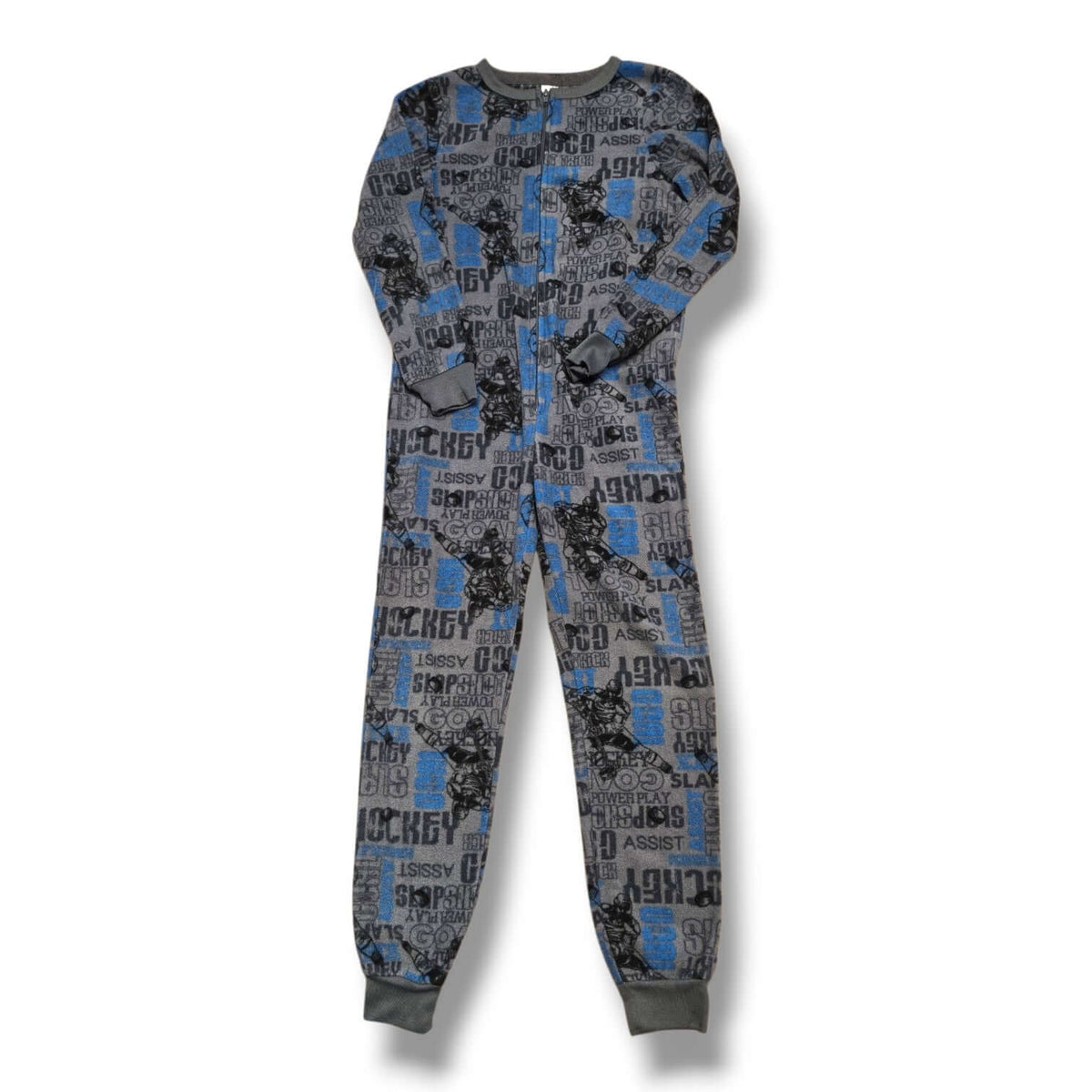George Hockey Sleeper in size 7/8, pre-loved fleece pajamas for kids, cozy one-piece with hockey print.