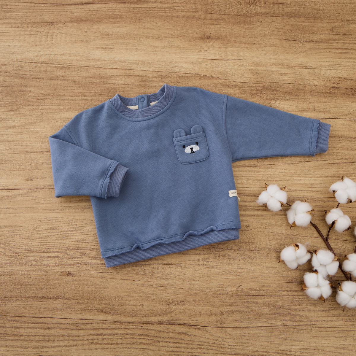 Blara Organic House Bear Embroidered Raw Hem Sweatshirt – Blue