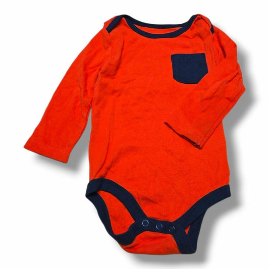 Pre-loved baby onesies in orange with navy trim and pocket, ideal for infants 6-12 months.