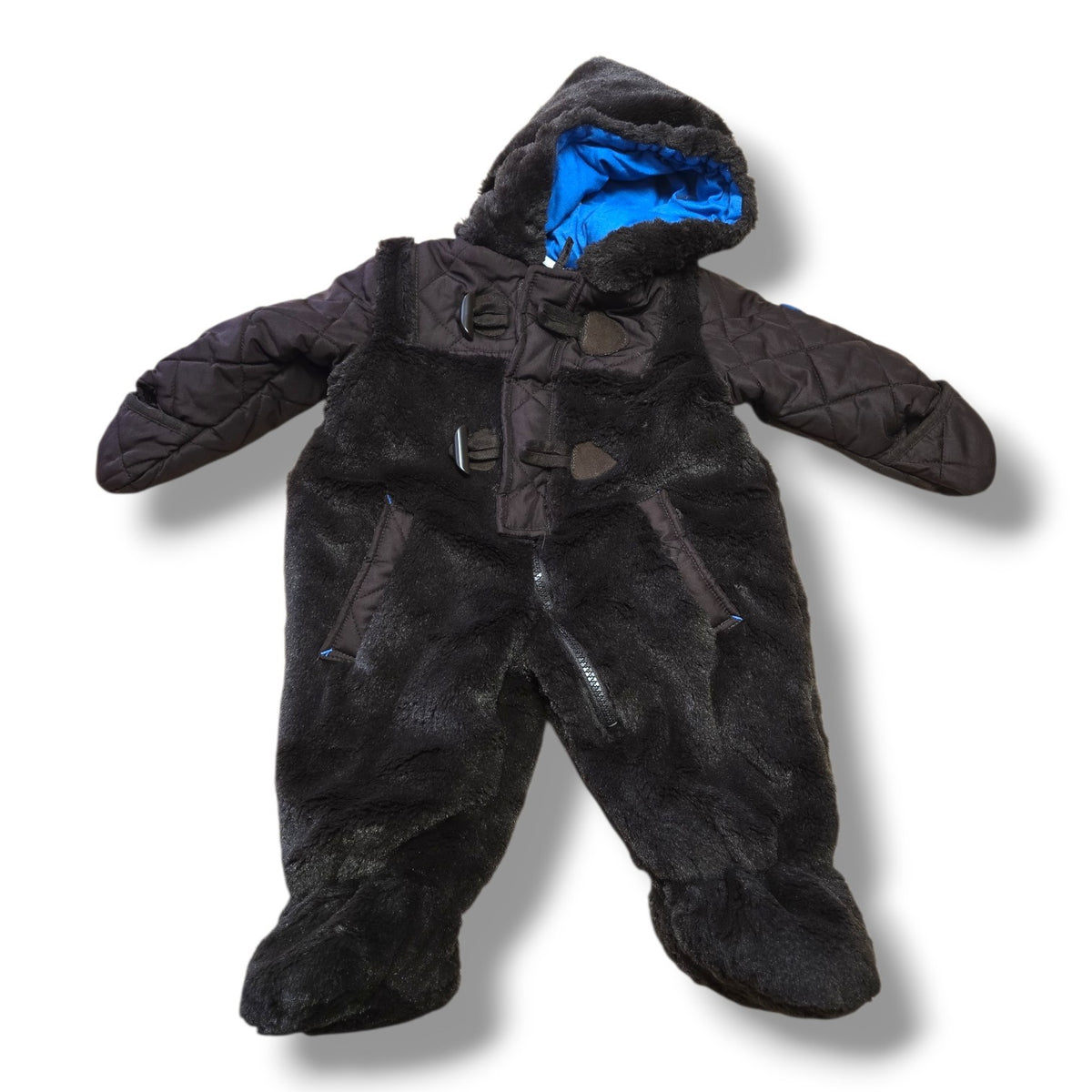 Rothschild chocolate brown baby snowsuit with hood and blue lining for infants 0-6M in mint condition.