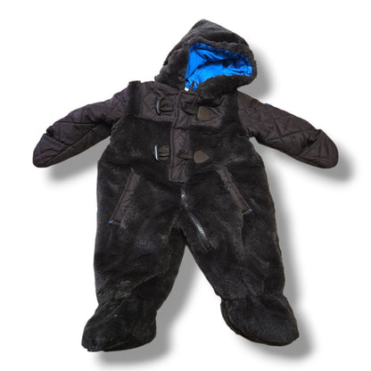Rothschild chocolate brown baby snowsuit with hood and blue lining for infants 0-6M in mint condition.