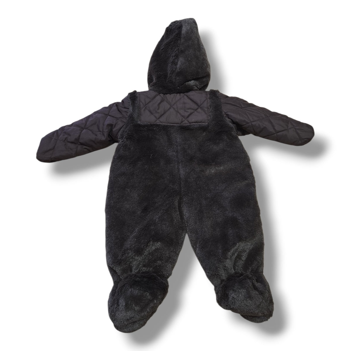 Rothschild chocolate brown baby snowsuit back view, pre-loved quality, size 0/6M, soft and warm for infants.