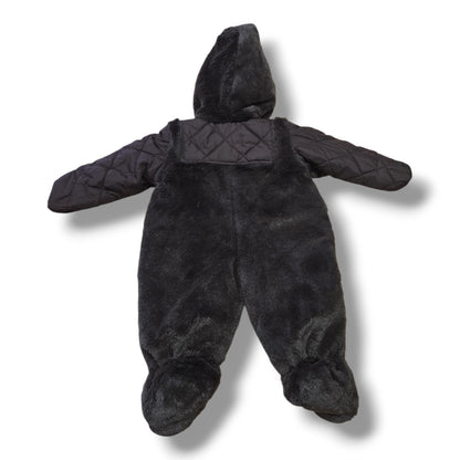 Rothschild chocolate brown baby snowsuit back view, pre-loved quality, size 0/6M, soft and warm for infants.