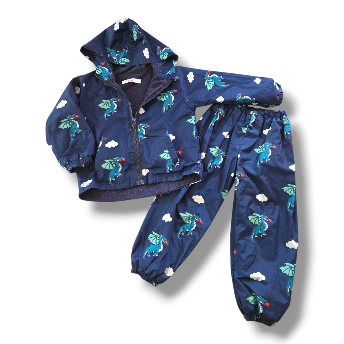 Dragon Print Fleece-Lined Rain Jacket & Pants Set | 2T | Pre-loved Quality
