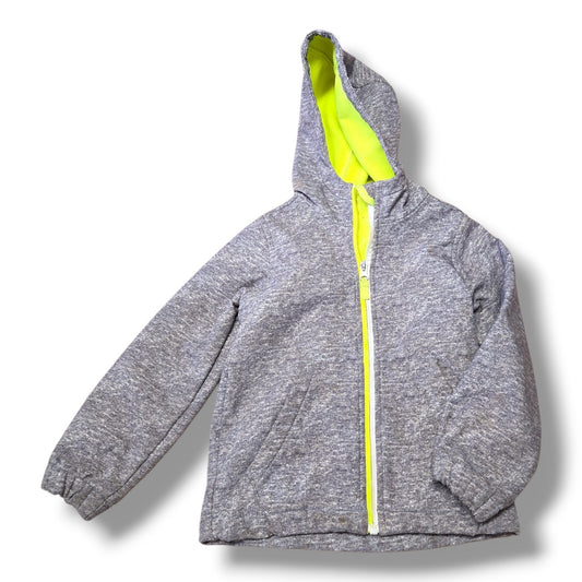 Athletic Works grey fleece-lined hooded jacket in mint condition, size 5, featuring a bright yellow interior.