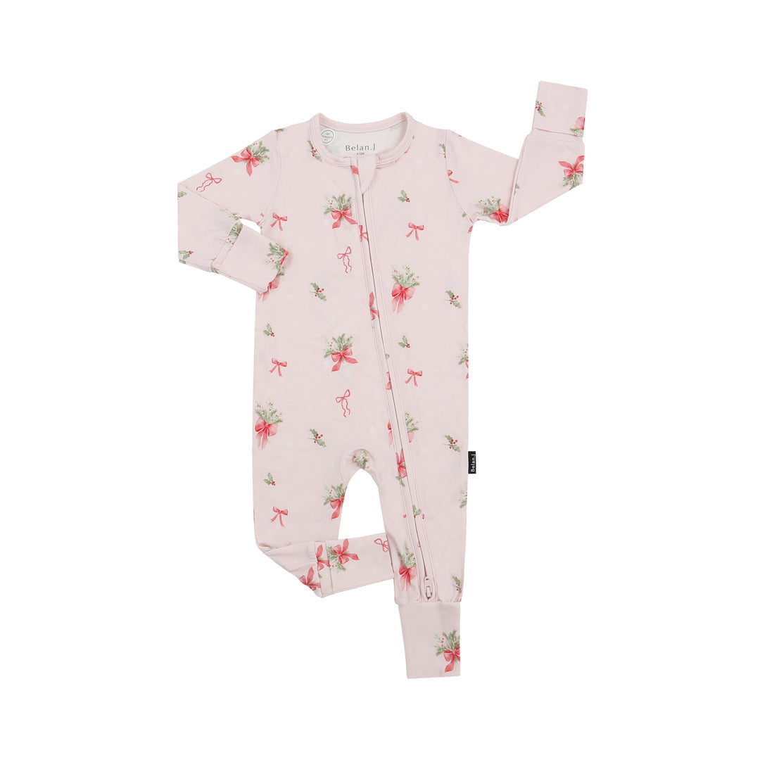 bamboo footless sleeper pink bows with watercolor print of pink bows and winter greenery on blush background
