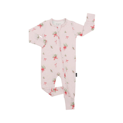 bamboo footless sleeper pink bows with watercolor print of pink bows and winter greenery on blush background