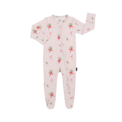 Pink bamboo sleeper with pink bows and festive holly design, perfect for holiday comfort.