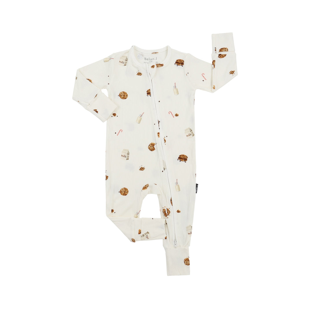 Ribbed bamboo footless sleeper featuring milk cartons and cookies print, perfect for cozy holiday snuggles.
