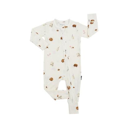 Ribbed bamboo footless sleeper featuring milk cartons and cookies print, perfect for cozy holiday snuggles.