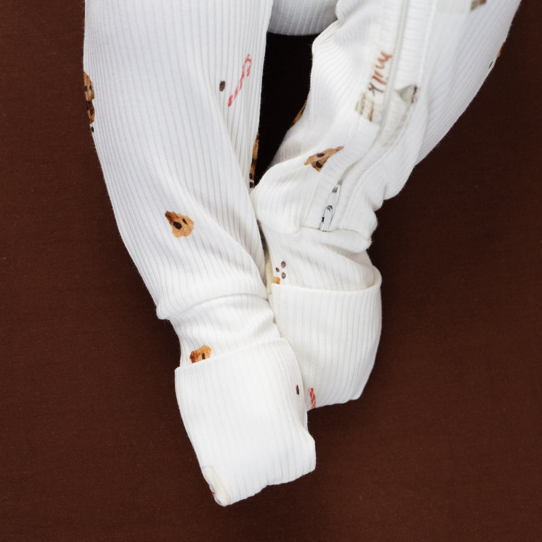 Ribbed bamboo footless sleeper featuring a playful chocolate chip cookie print in cozy fabric.