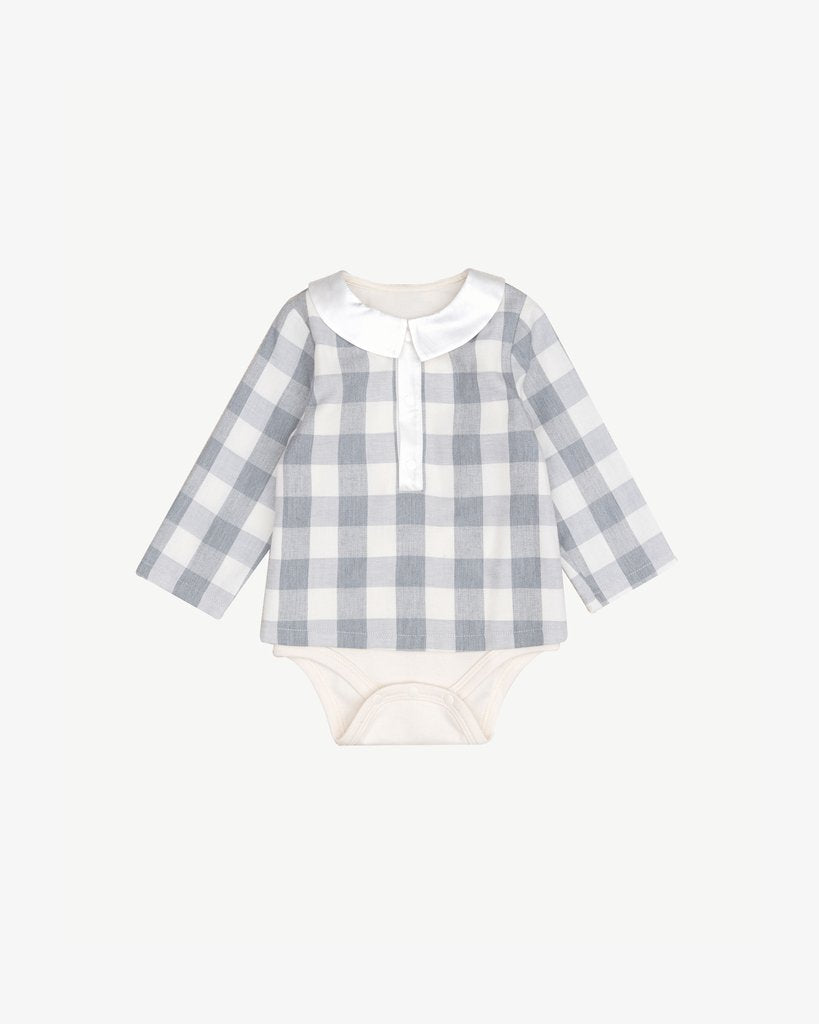 Blara Organic House organic cotton checker bodysuit in gray and white check pattern with collar and snap closures.