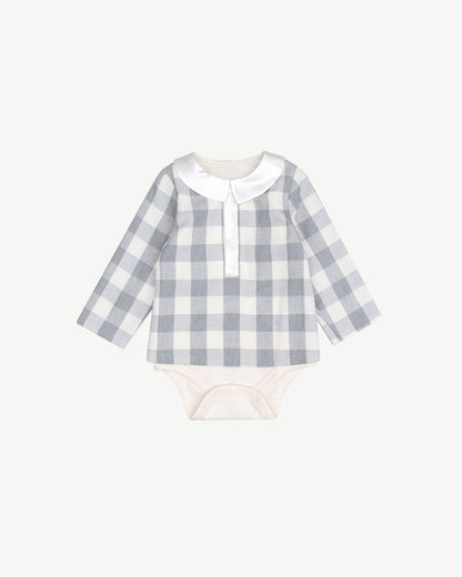 Blara Organic House organic cotton checker bodysuit in gray and white check pattern with collar and snap closures.