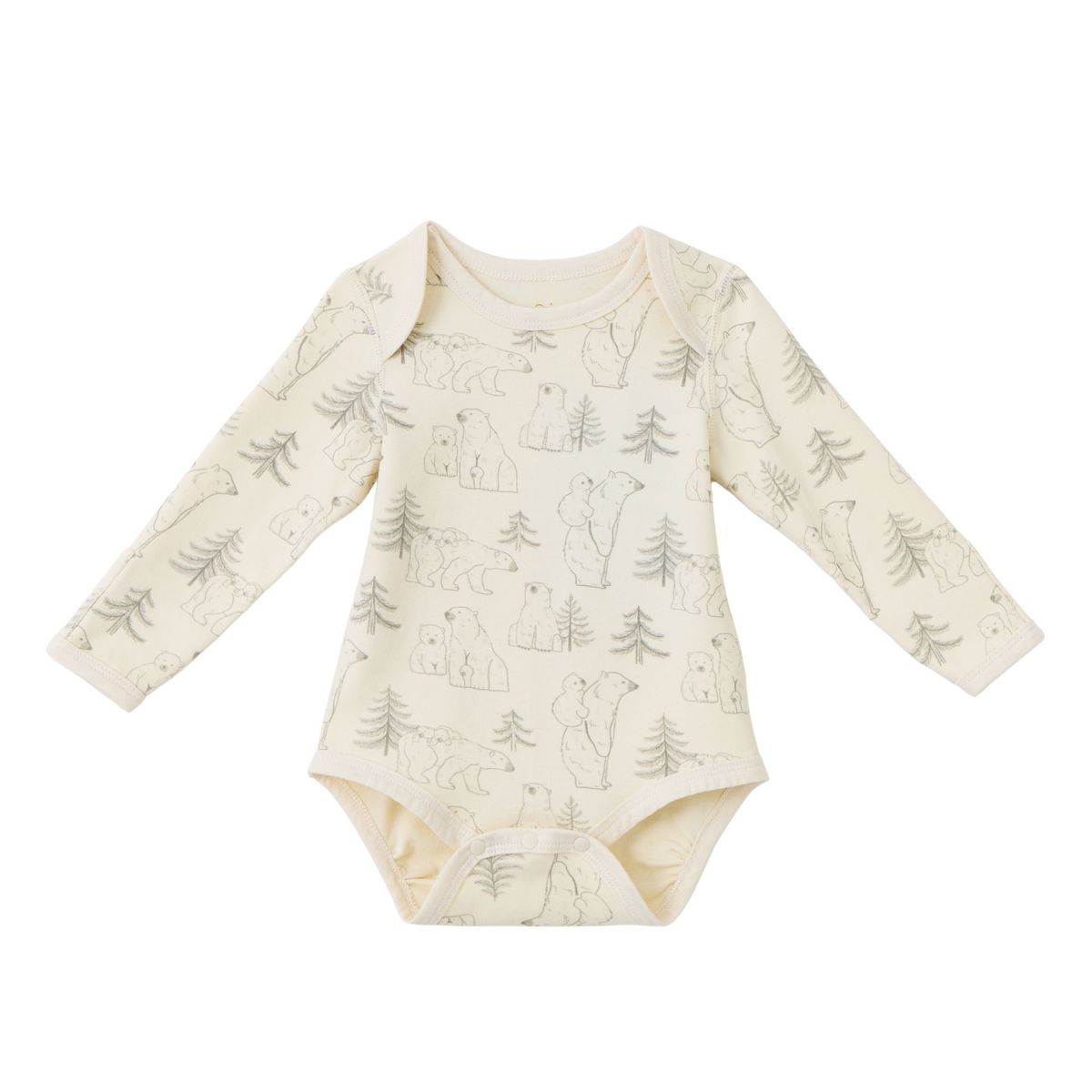 Blara Organic House organic cotton long sleeve bodysuit with polar bear family print on soft fabric.