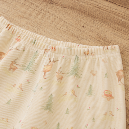 organic ribbed henley pajama set featuring playful forest animal print on soft fabric waistband.