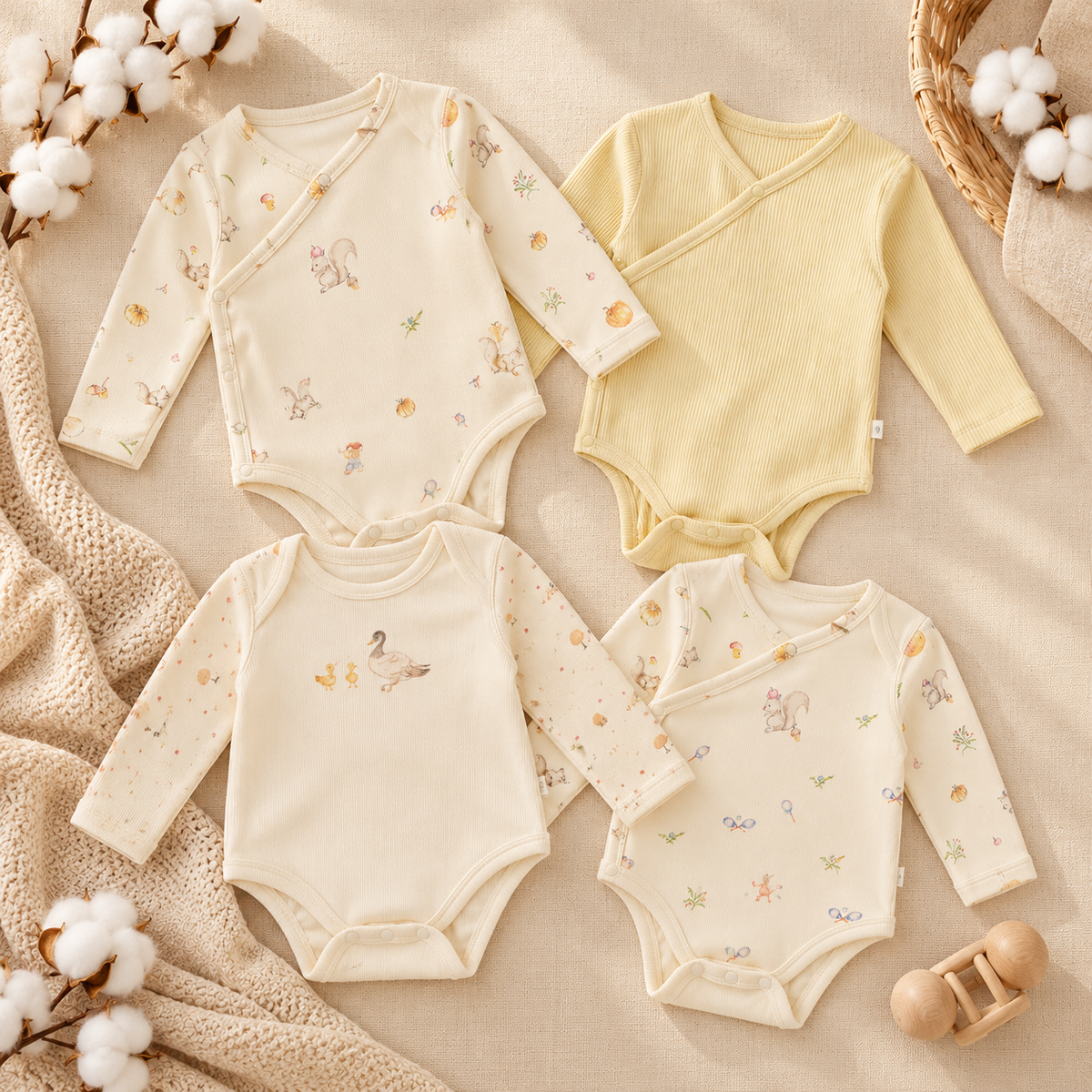 Organic cotton baby gift set featuring four infant bodysuits with playful designs and soft materials.