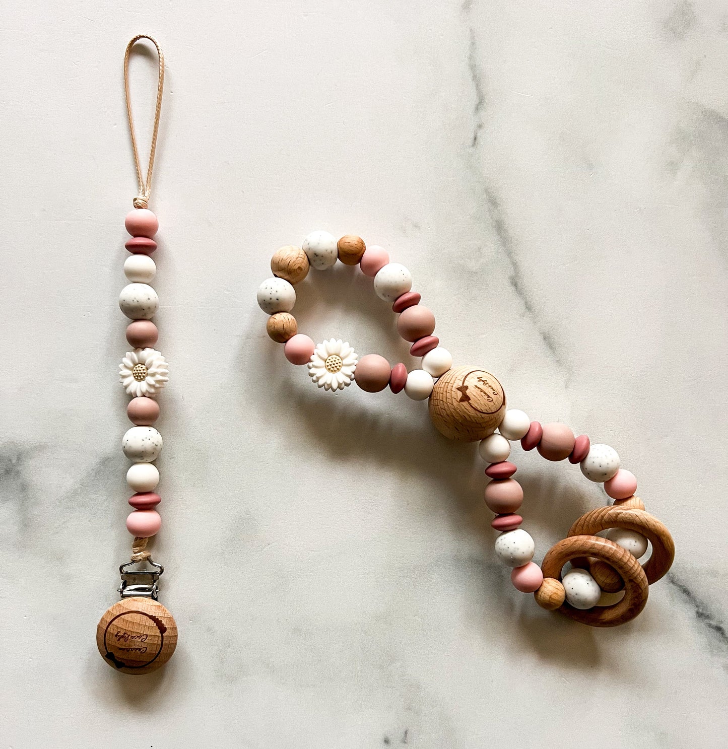 Beige daisy pacifier clip & infinity rattle duo (see description)