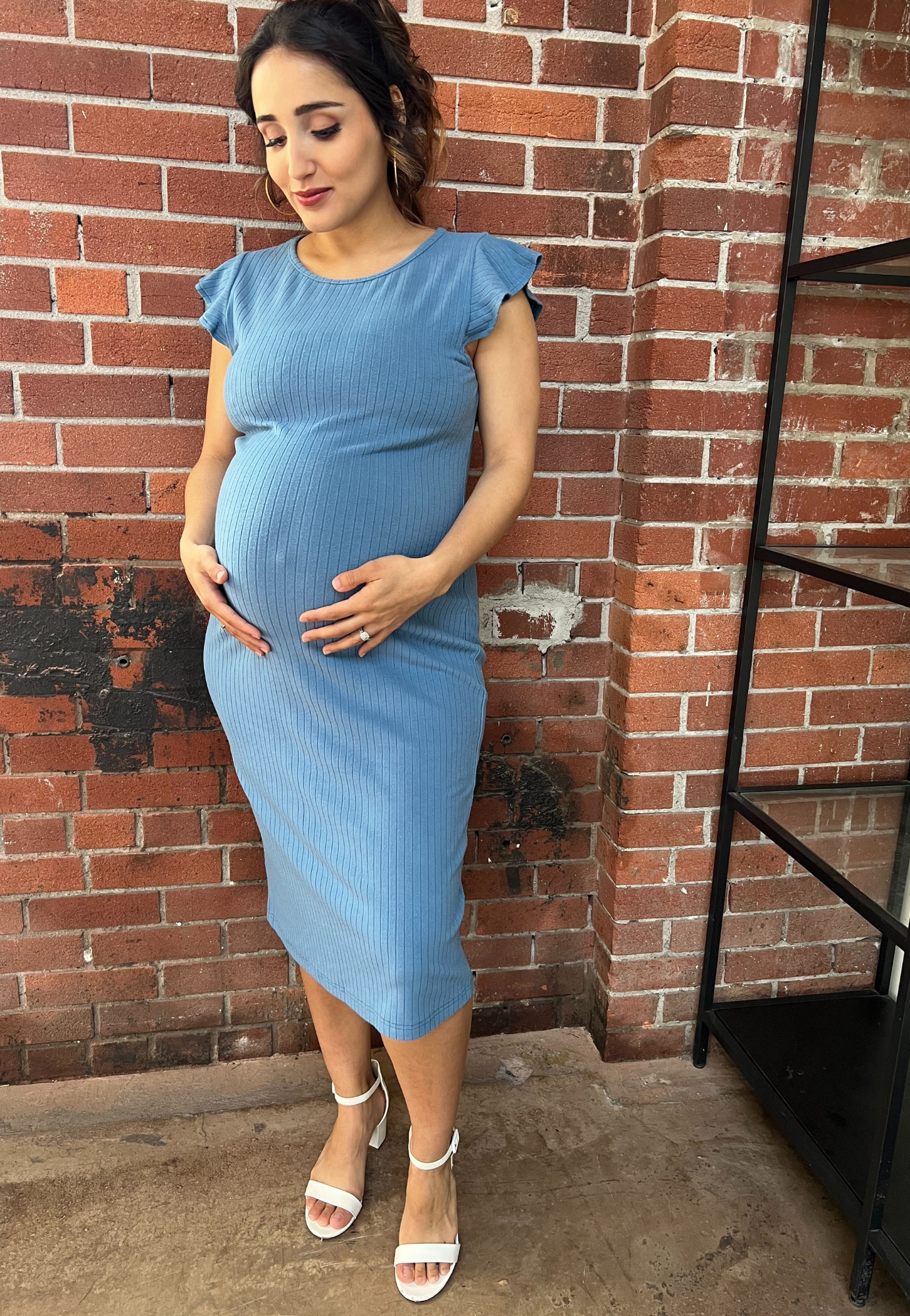 Baby Blue Ruffle Sleeve Ribbed Maternity Dress
