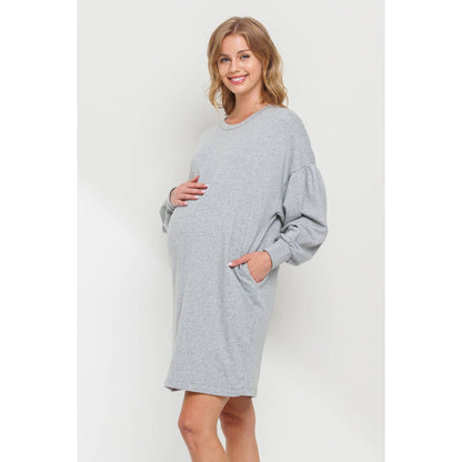 Crew Neck Maternity Sweater Dress with Pockets: Olive