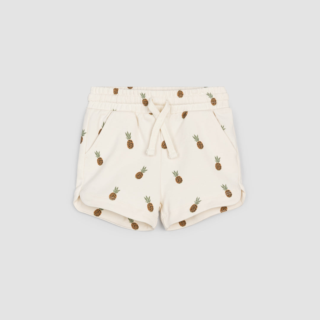 Miles The Label | Wild Pineapples Print on Crème Girls' Terry Shorts - Pink & Blue Kidz Clothing
