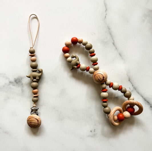 Dino pacifier clip & infinity rattle duo