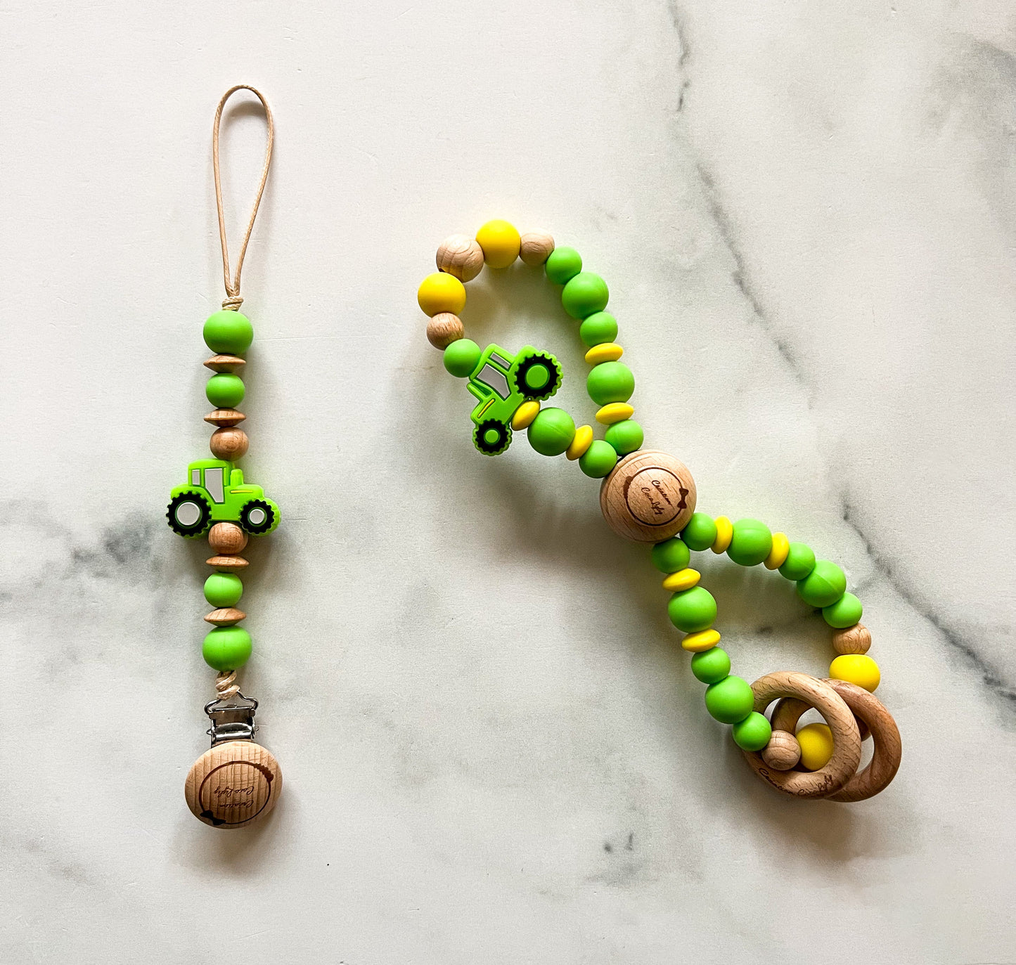 Green Tractor Pacifier Clip & Infinity Teether Set (see description)