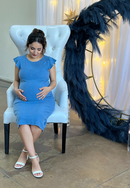 Baby Blue Ruffle Sleeve Ribbed Maternity Dress