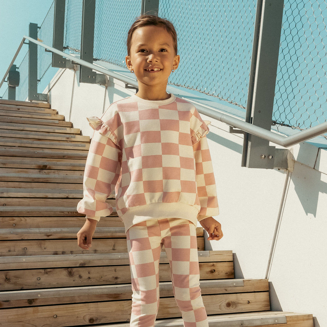 Miles The Label | Rose Checkerboard Print on Girls' Sweatshirt - Pink & Blue Kidz Clothing