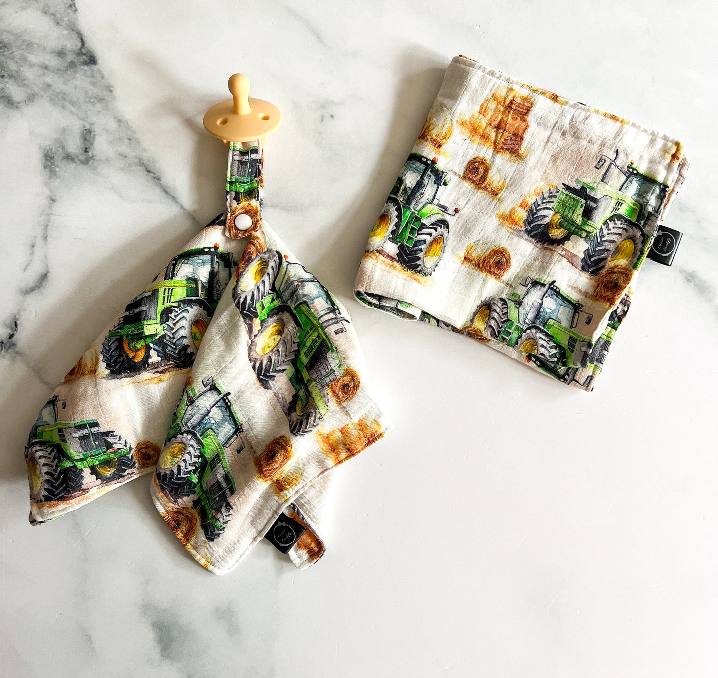 Tractor pacifier clips made from bamboo muslin