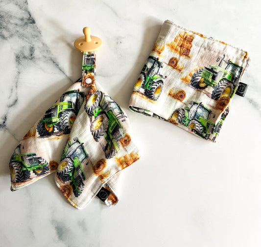 Tractor pacifier clips made from bamboo muslin