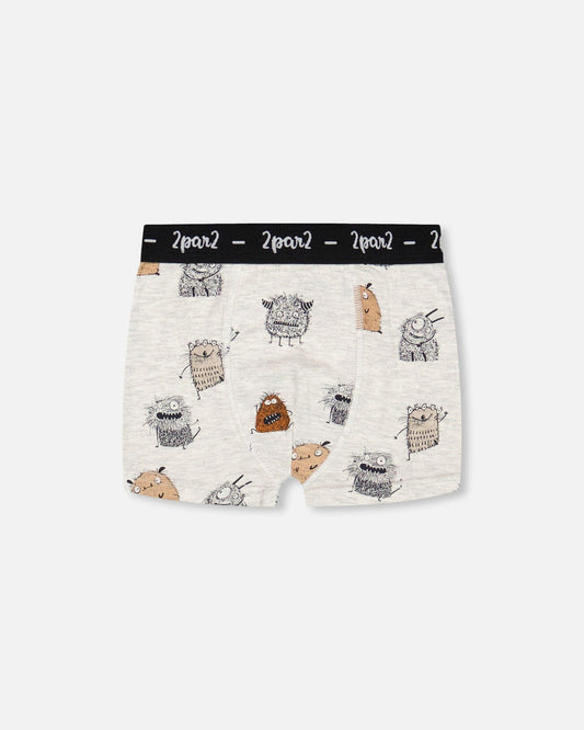 Deux Par Deux | Organic Cotton Boxer Short Heather Beige Printed Monsters - Pink & Blue Kidz Clothing