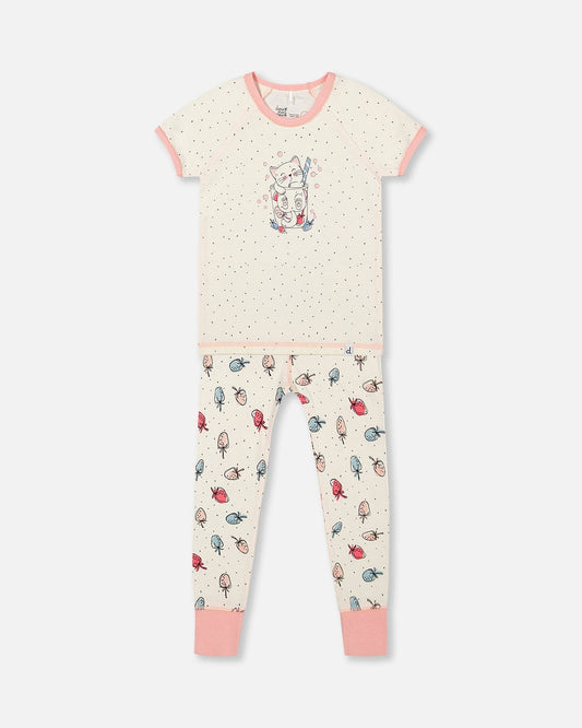 Deux Par Deux | Organic Cotton Two Piece Pajama Set Off White Printed Strawberry - Pink & Blue Kidz Clothing