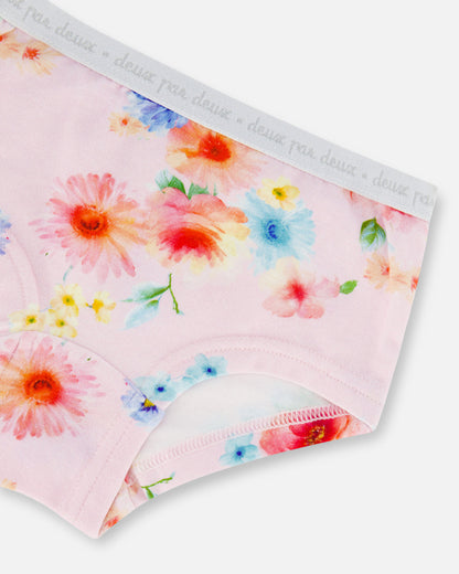 Deux Par Deux | Organic Cotton Boyshort Pantie Light Pink Printed Flowers - Pink & Blue Kidz Clothing