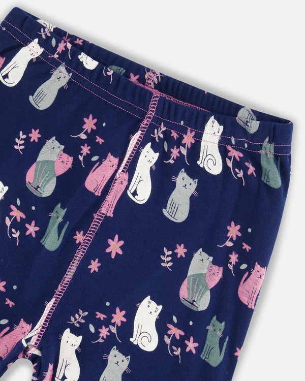 Organic Cotton Two Piece Pajama Set Navy Printed Cats