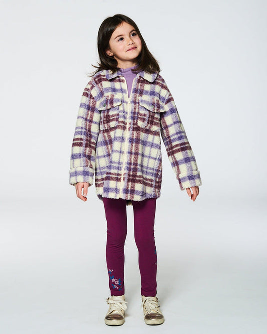 Zip Front Sherpa Overshirt Plaid Purple And White