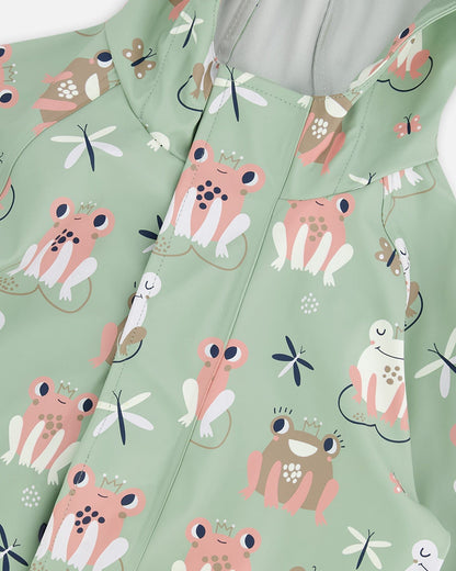 Green rain jumpsuit with color-changing frogs print
