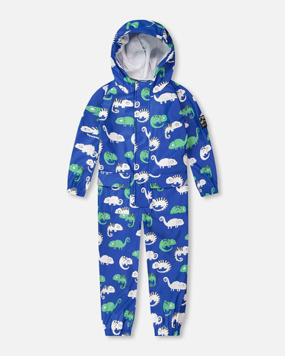 Blue rain jumpsuit with color-changing chameleon print