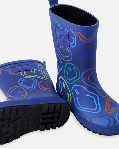Rain Boots In Natural Rubber Blue Smiley Print