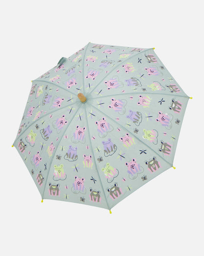 Green rain jumpsuit with color-changing frogs print