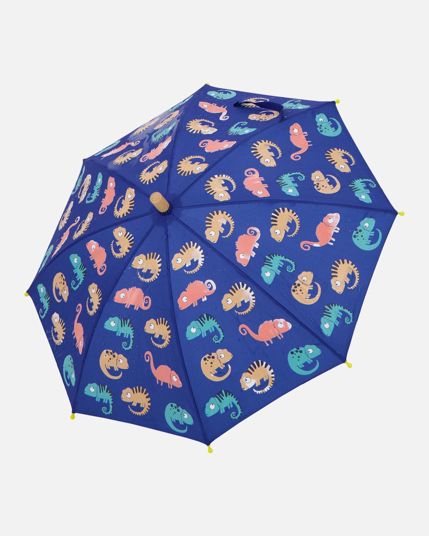 Blue rain jumpsuit with color-changing chameleon print