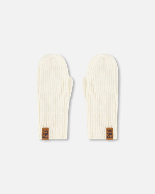 Ribbed Knit Mittens Off White