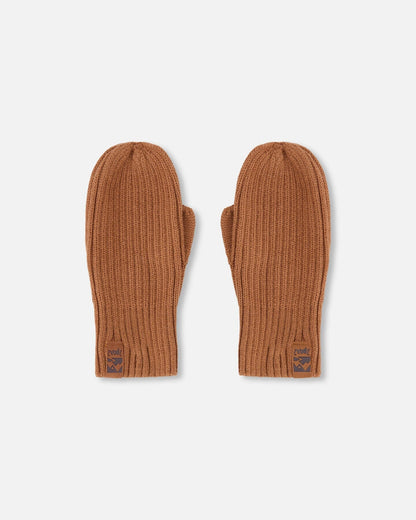 Ribbed Knit Mittens Brown