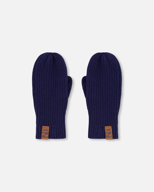 Ribbed Knit Mittens Navy Blue