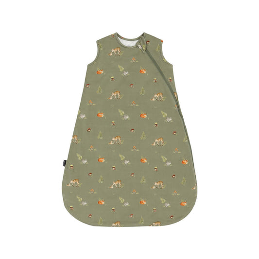 1.0 TOG sleep sack for babies in olive green with forest friends print featuring woodland creatures.
