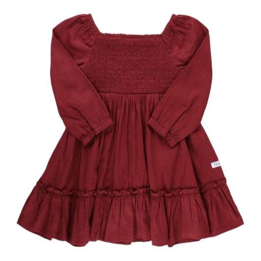 RuffleButts | Woven Luxe Smoked Ruffle Dress | Rosewood - Pink & Blue Kidz Clothing