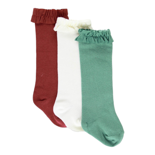 RuffleButts | 3 Pack Knee High Socks | Rosewood,Ivory & Spruce