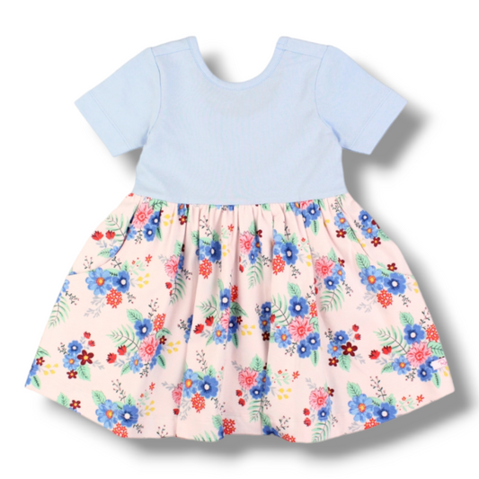 Coming Soon | RuffleButts | Short Sleeve Twirl Dress | Floral - Pink & Blue Kidz Clothing