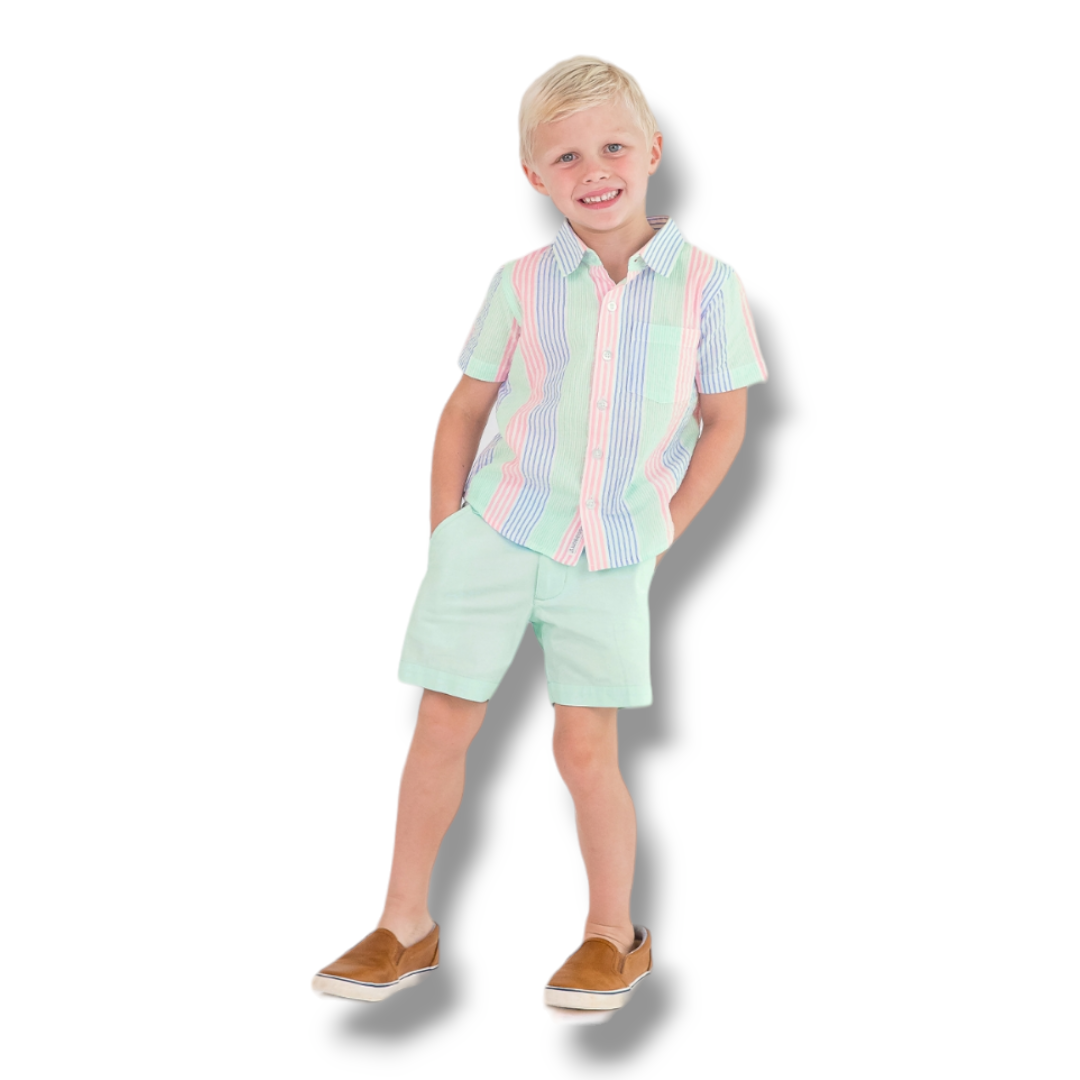 Coming Soon | RuffleButts | Chino Shorts | Mint - Pink & Blue Kidz Clothing