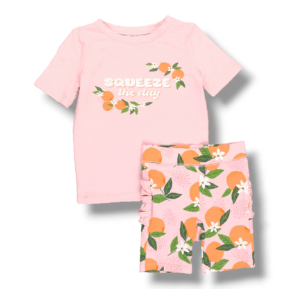 Coming Soon | RuffleButts | Squeeze the Day Girls Shorts Pajama Set - Pink & Blue Kidz Clothing